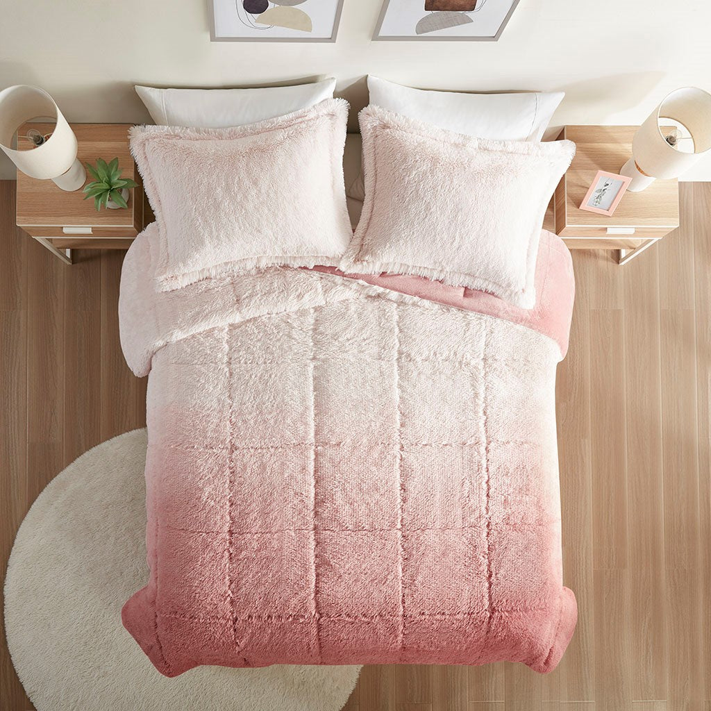 Ombre Shaggy Long Fur Twin/Twin XL Comforter Mini Set with Hypoallergenic Filling - Blush or Grey