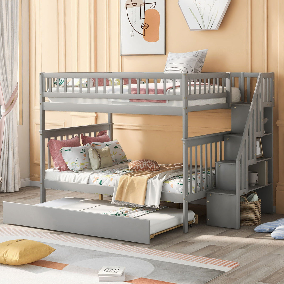Bunk Bed with Staircase and Storage Options - Dark Gray or White