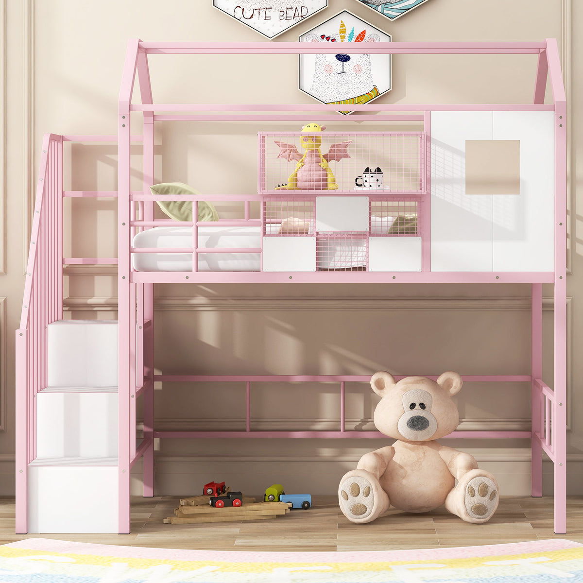 Metal Loft Bed With Roof Design and Storage Box with Guardrails and Integrated Ladder - Twin