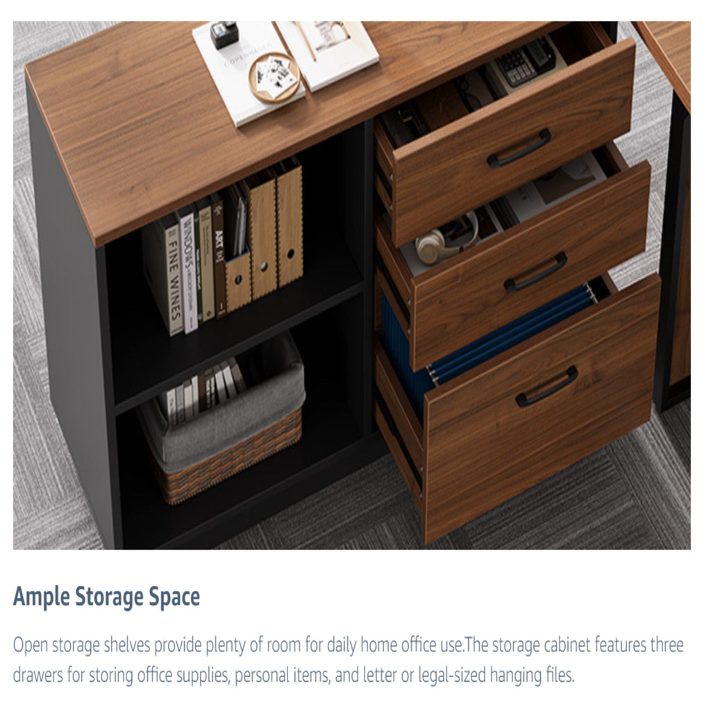 L-Shaped Executive Desk with File Cabinet - Brown / Black