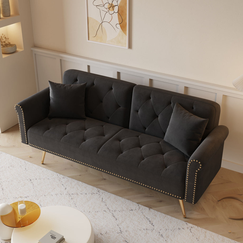 Velvet Sofa Bed with Nail Head Trim and Matching Pillow - Multiple Colors
