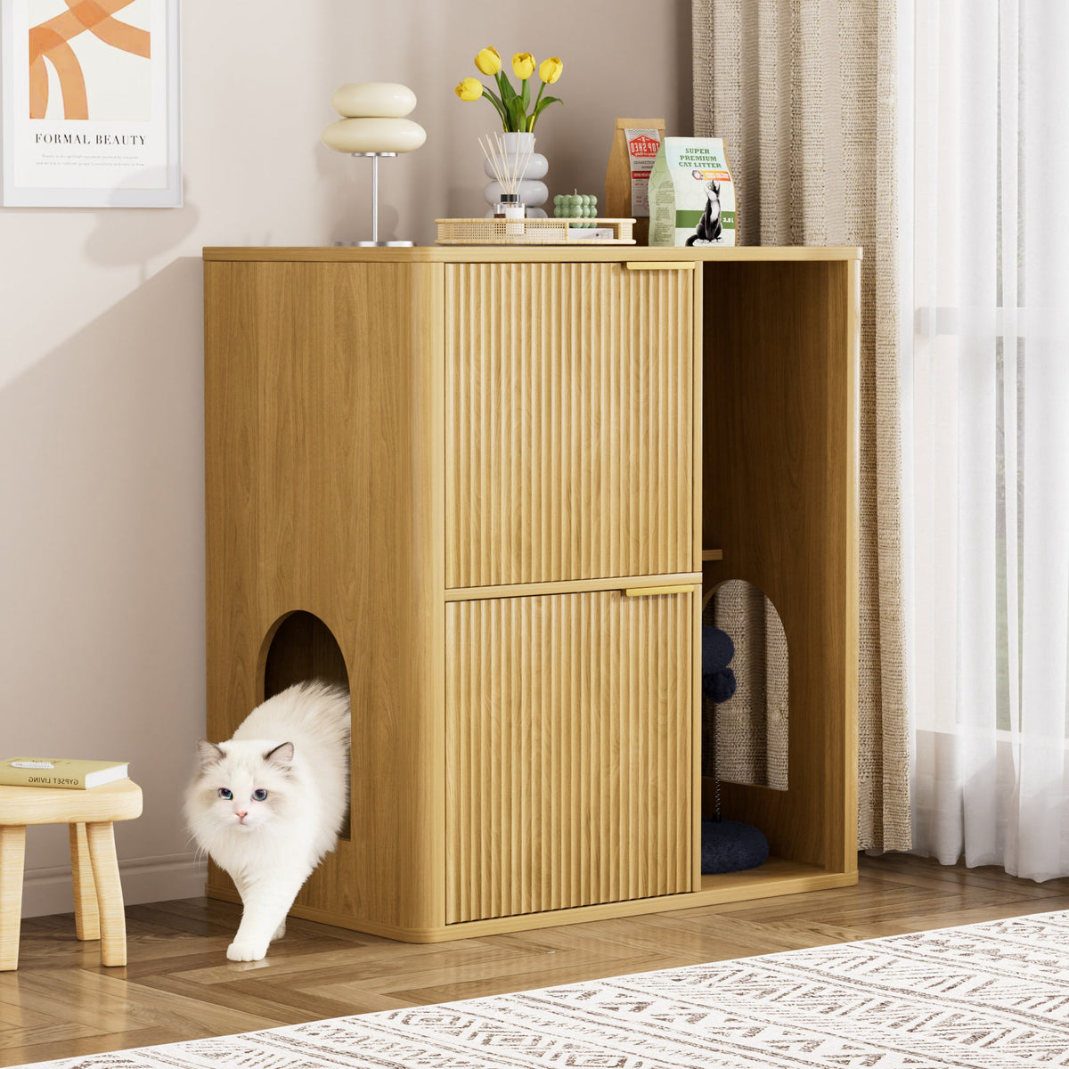 Light Wood Cat Litter Cabinet with Cat Tree