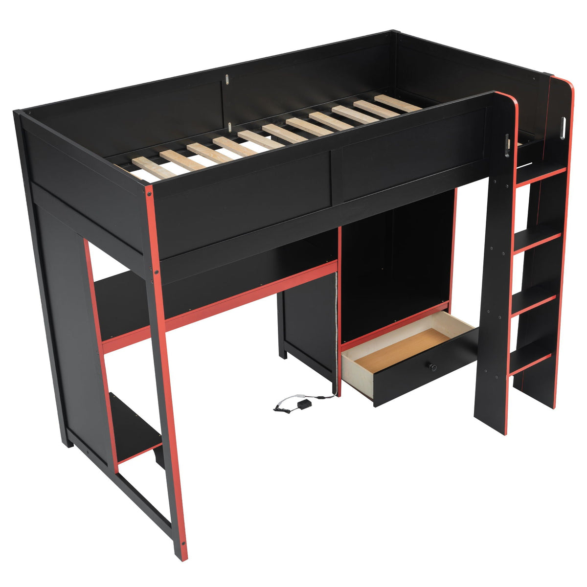 Gaming Loft Bed with Built-In Desk, Wardrobe & LED Lighting - Black