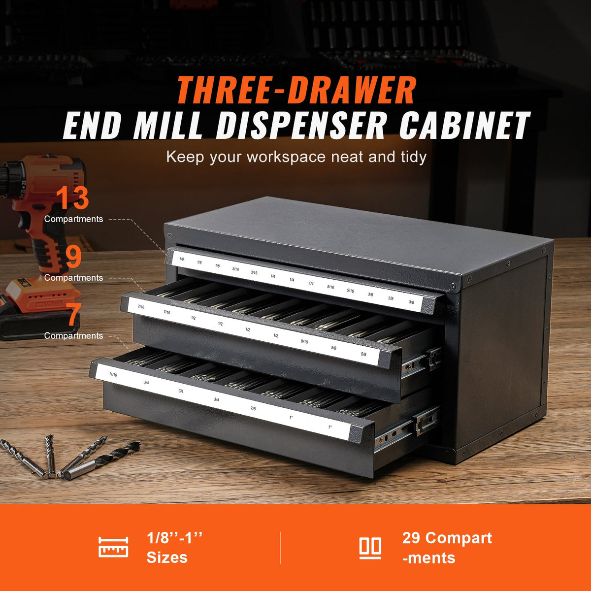 End Mill Dispenser Cabinet with 29 Compartments - Steel
