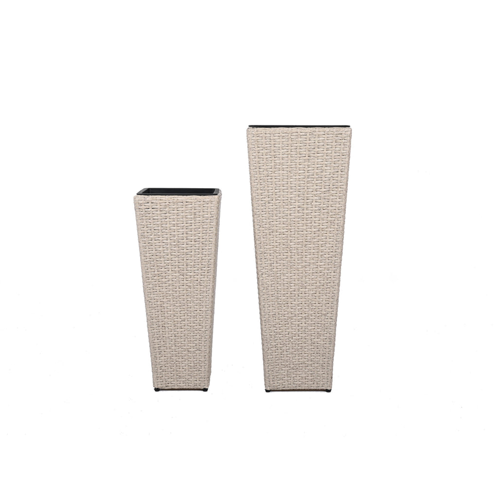 Beige PE Wicker Planters Set with Iron Frame, 2-Piece - Outdoor Flower Pots