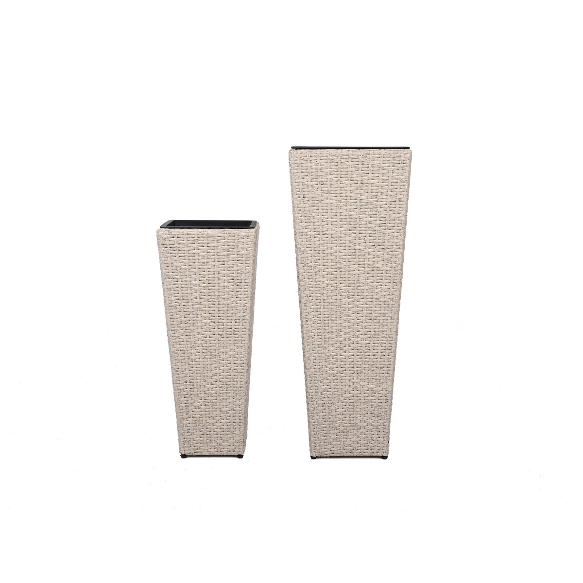 Beige PE Wicker Planters Set with Iron Frame, 2-Piece - Outdoor Flower Pots