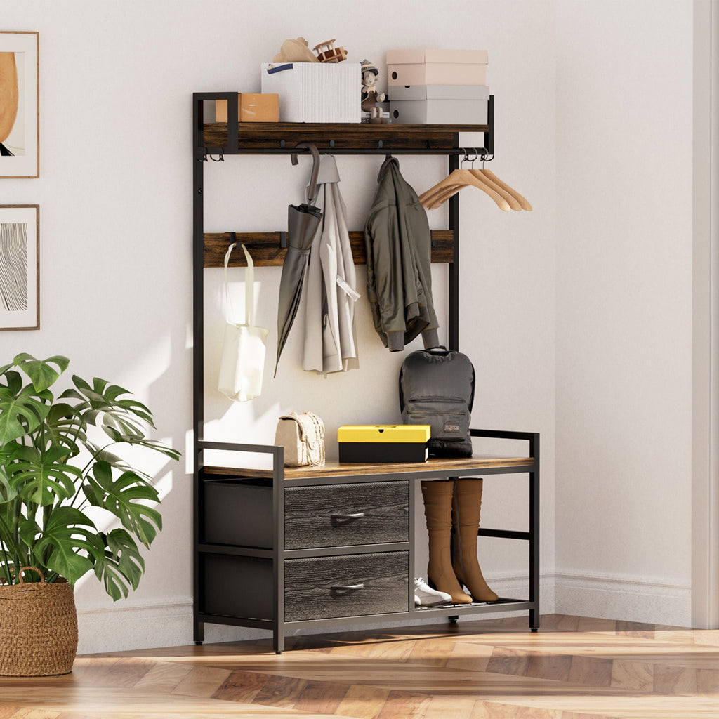 Rustic Brown Hall Tree With 2 Movable Drawers