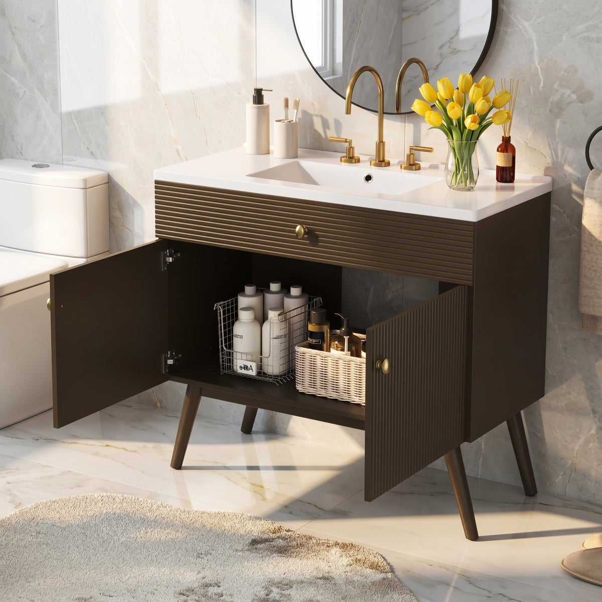 36" Luxury Striped Bathroom Vanity with Soft-Close Dual-Door Storage - Dark Brown