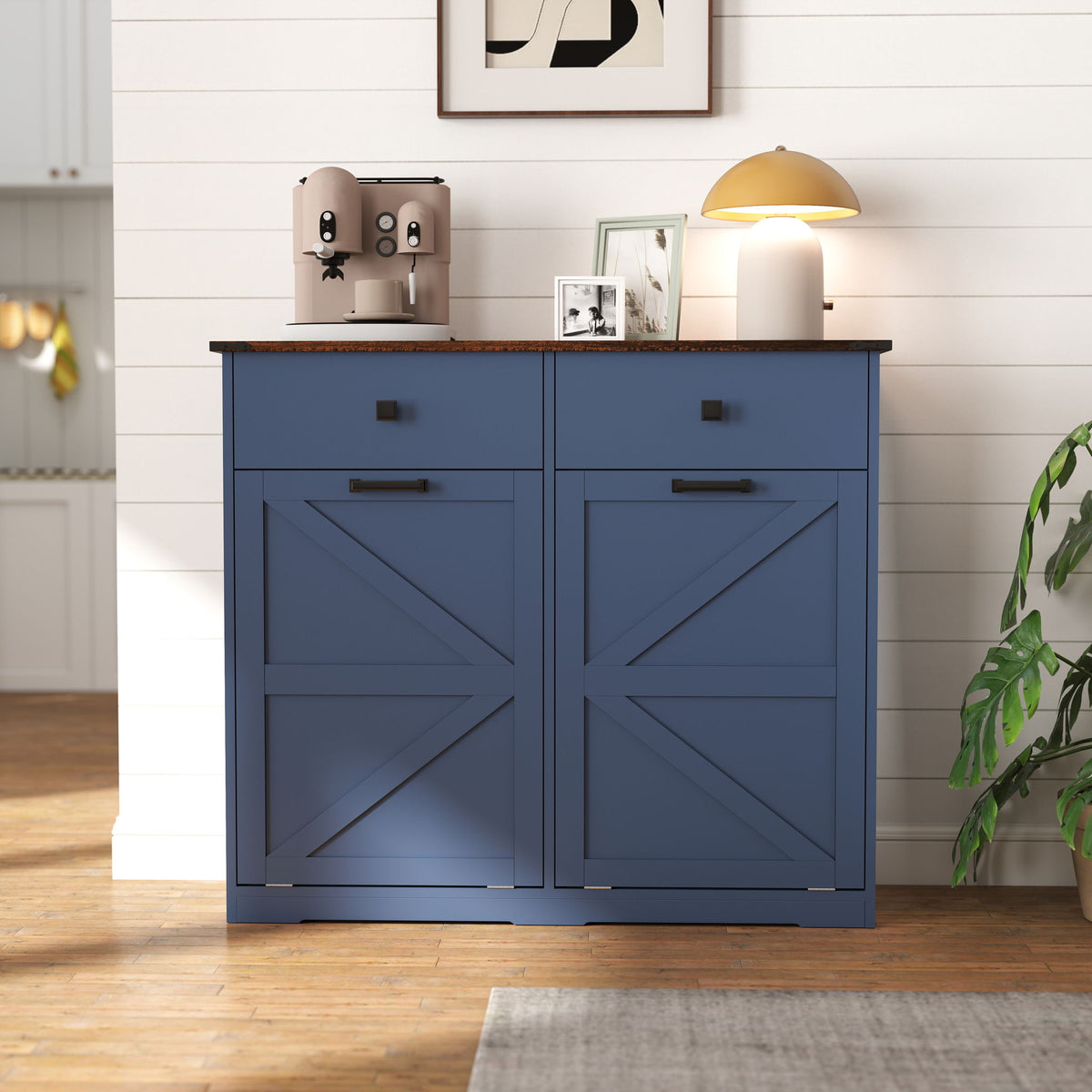 Double Tilt Out Trash Cabinet with Hideaway Drawer - Barn Door Style