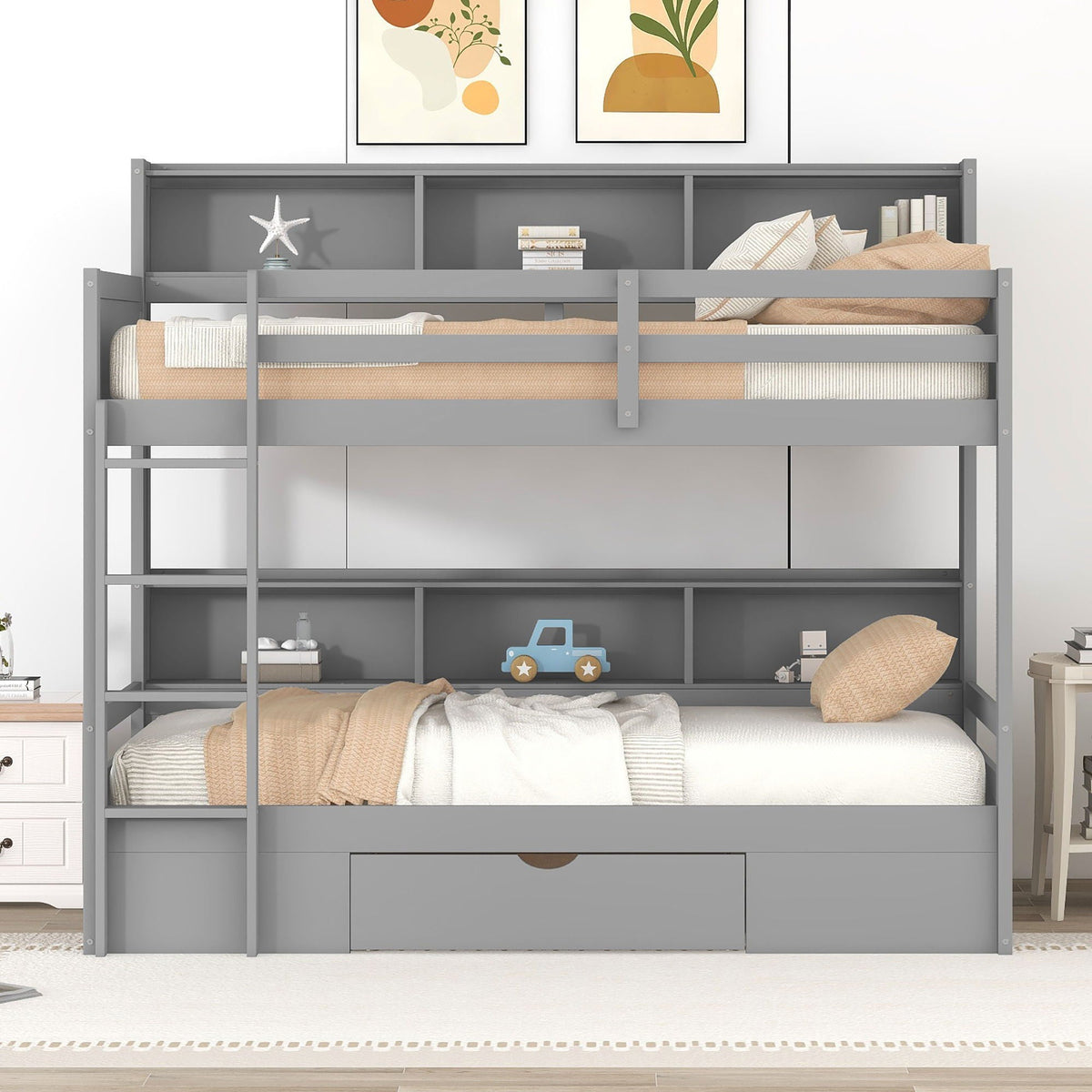 Twin Size Bunk Bed with Built-In Shelves and Storage Drawer - Dark Gray or White