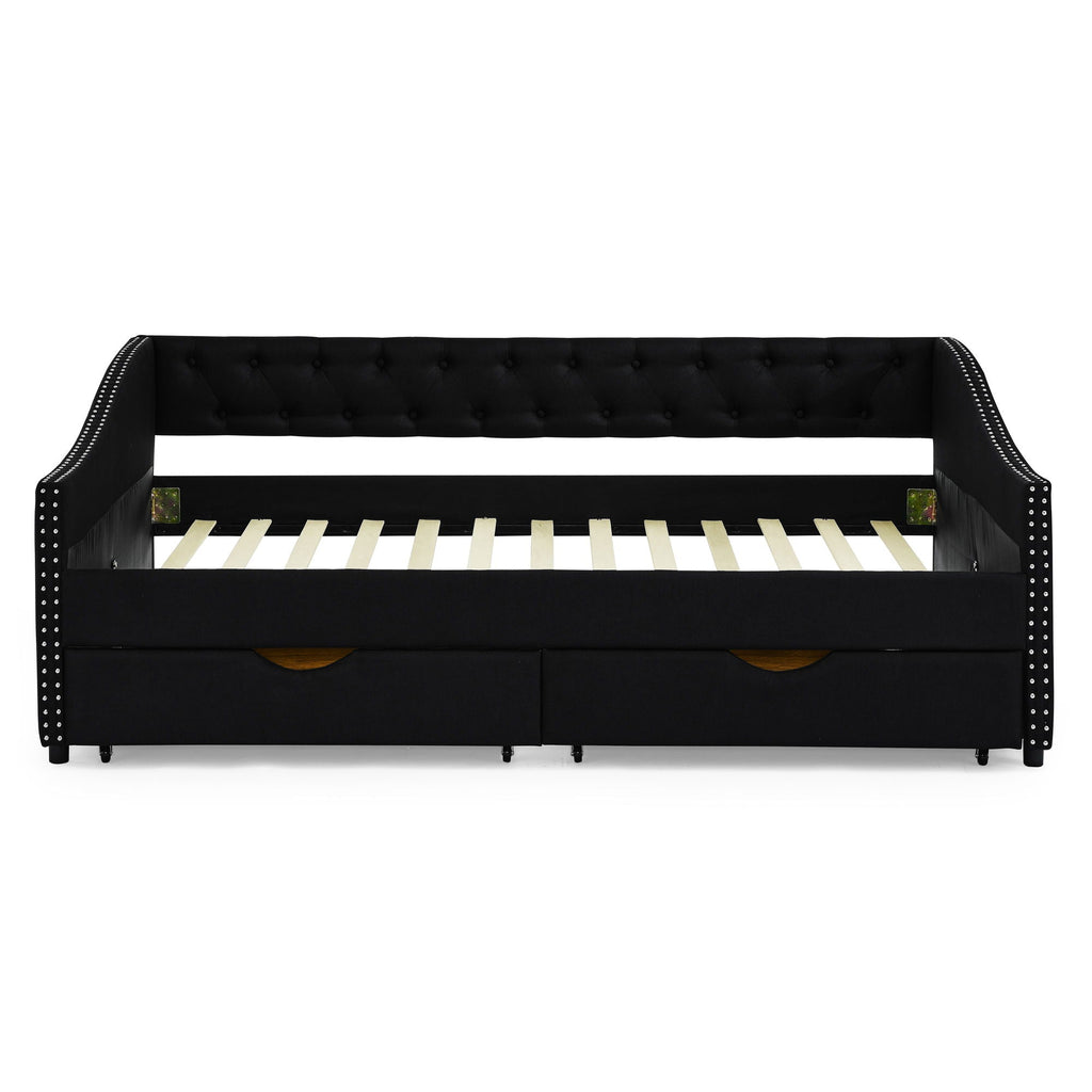 Upholstered Tufted Daybed with 2 Drawers and Waved Arms - Multiple Colors