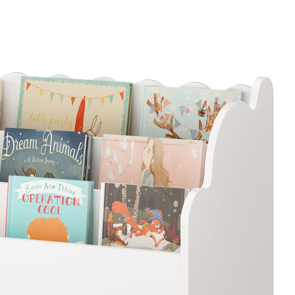 Bookshelf With Storage Bins and Drawer – Multi Functional Book Organizer for Toddlers - White