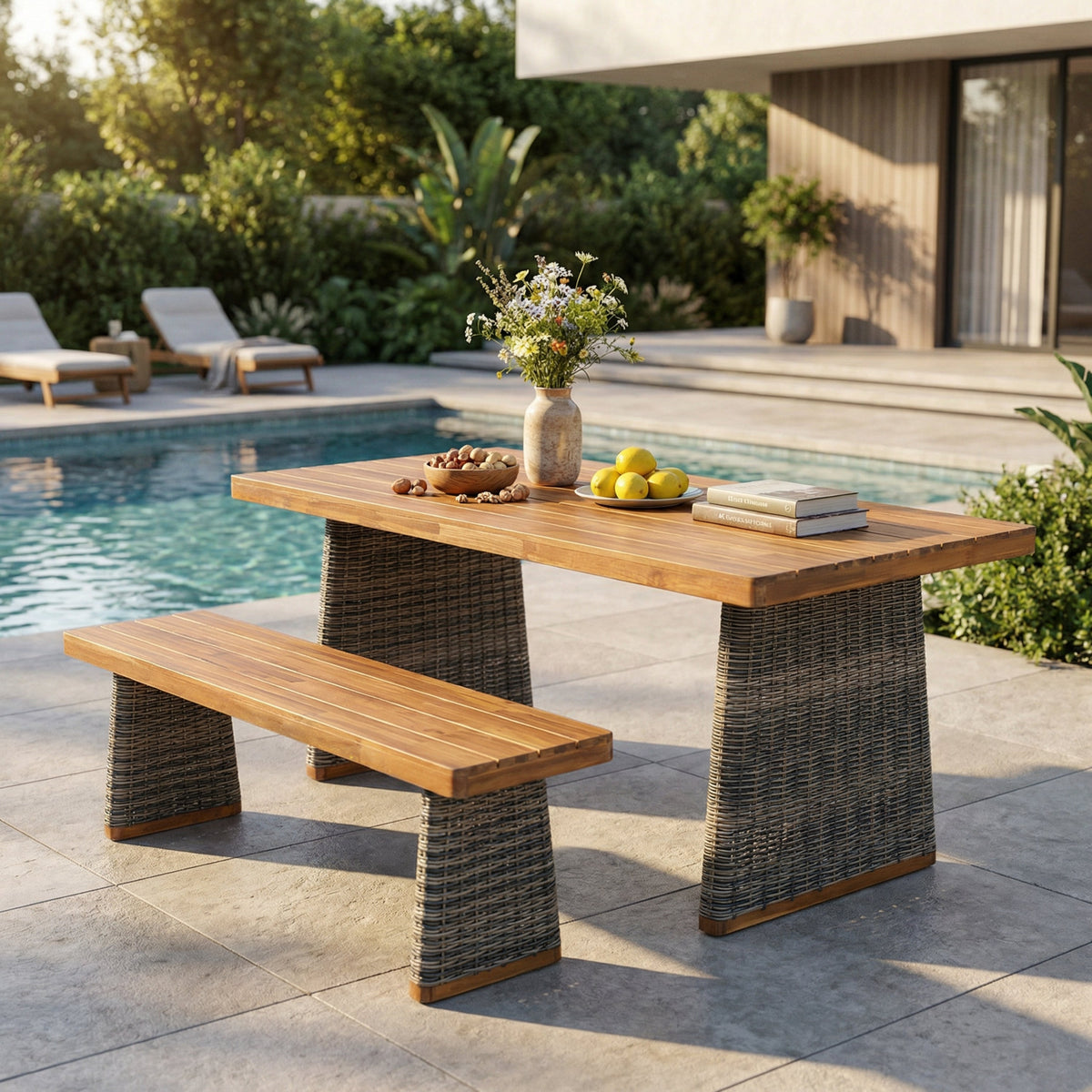 Acacia Wood Outdoor Dining Table Set with PE Wicker Bench - Brown or Grey