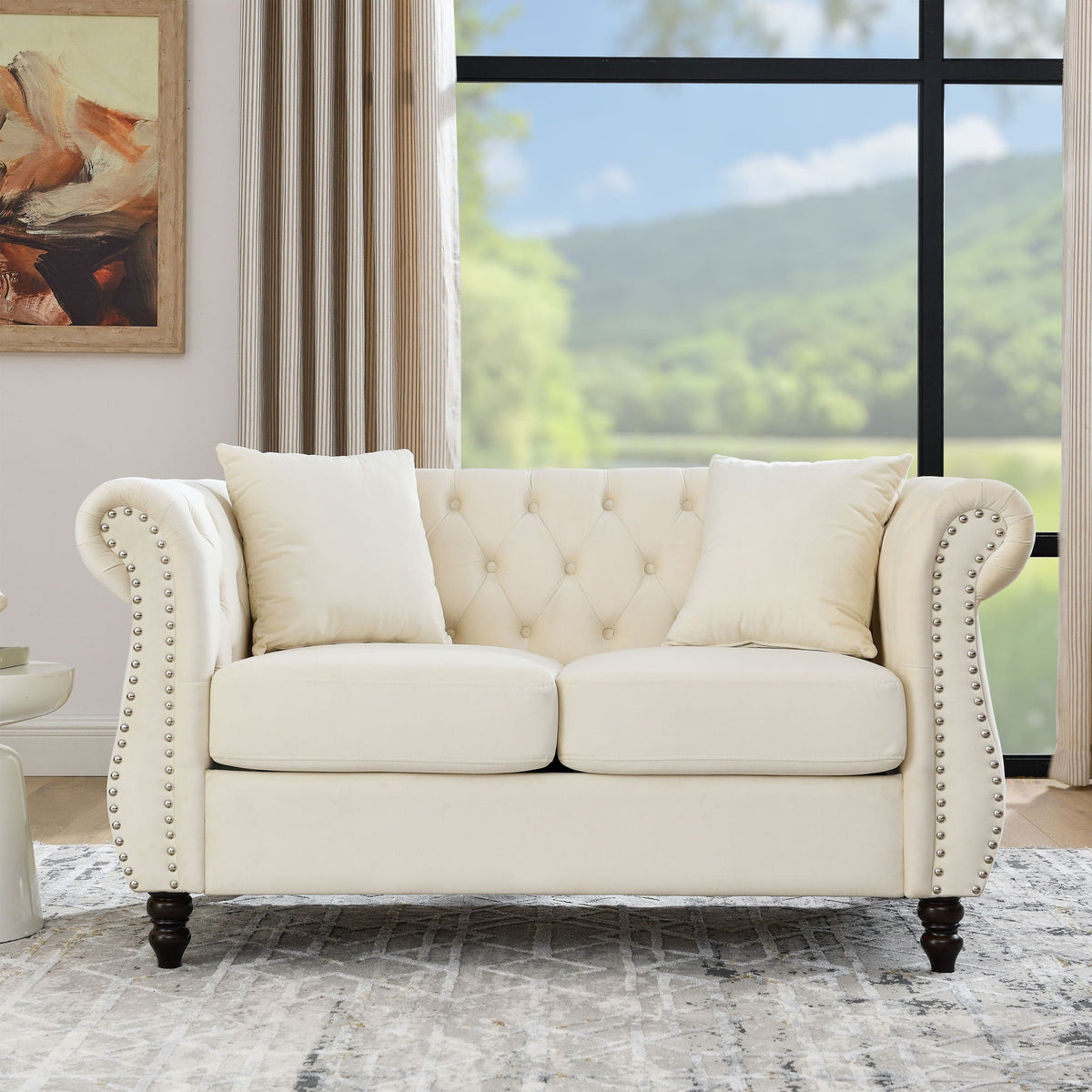Chesterfield Sofa with Rolled Arms and Nailhead Trim – Solid Wood Frame