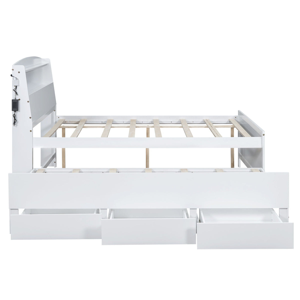 Full Size Platform Bed with Storage LED Headboard and Twin Trundle - White