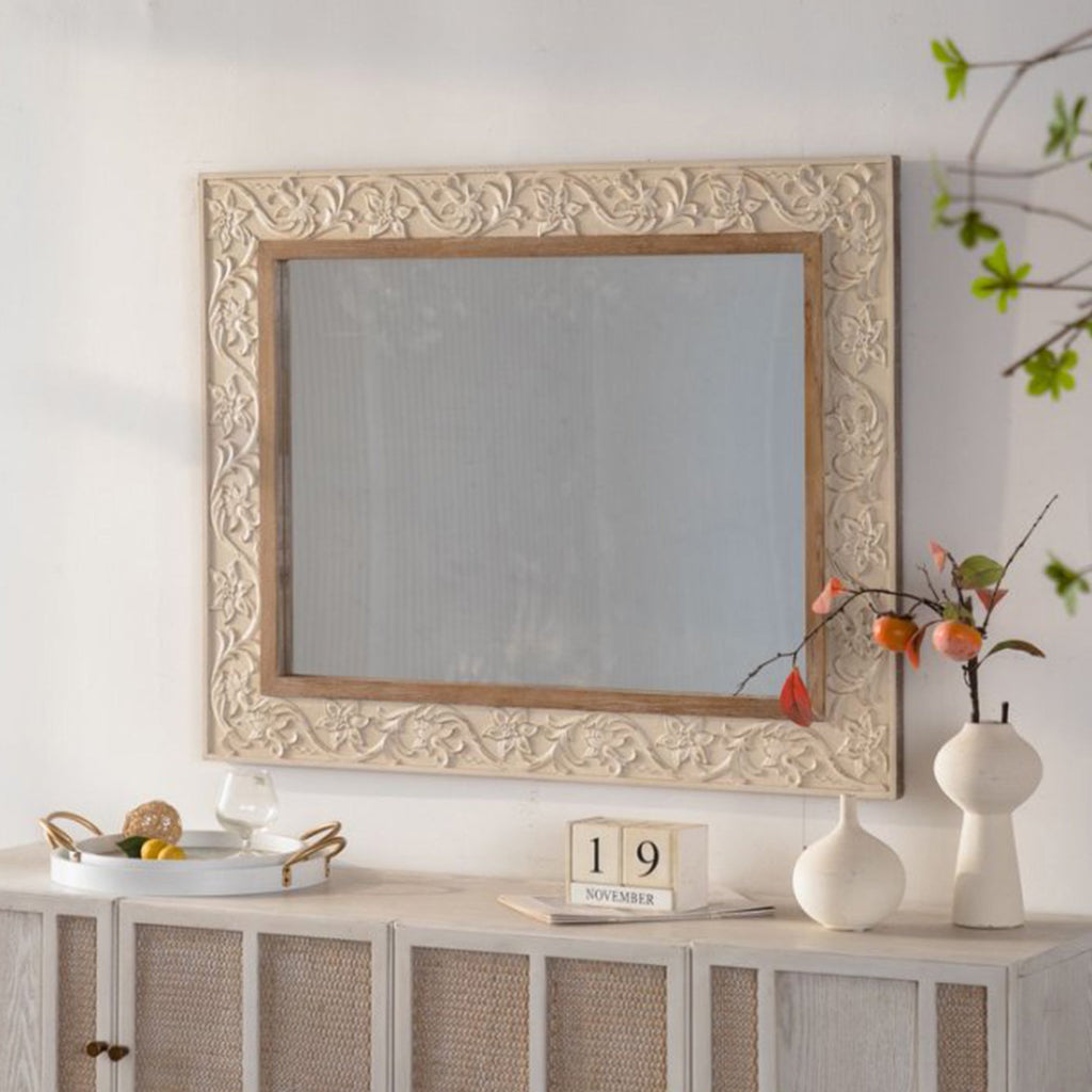 Vintage Carved Pattern Rectangular Wall Mirror with Ornate Frame - Natural