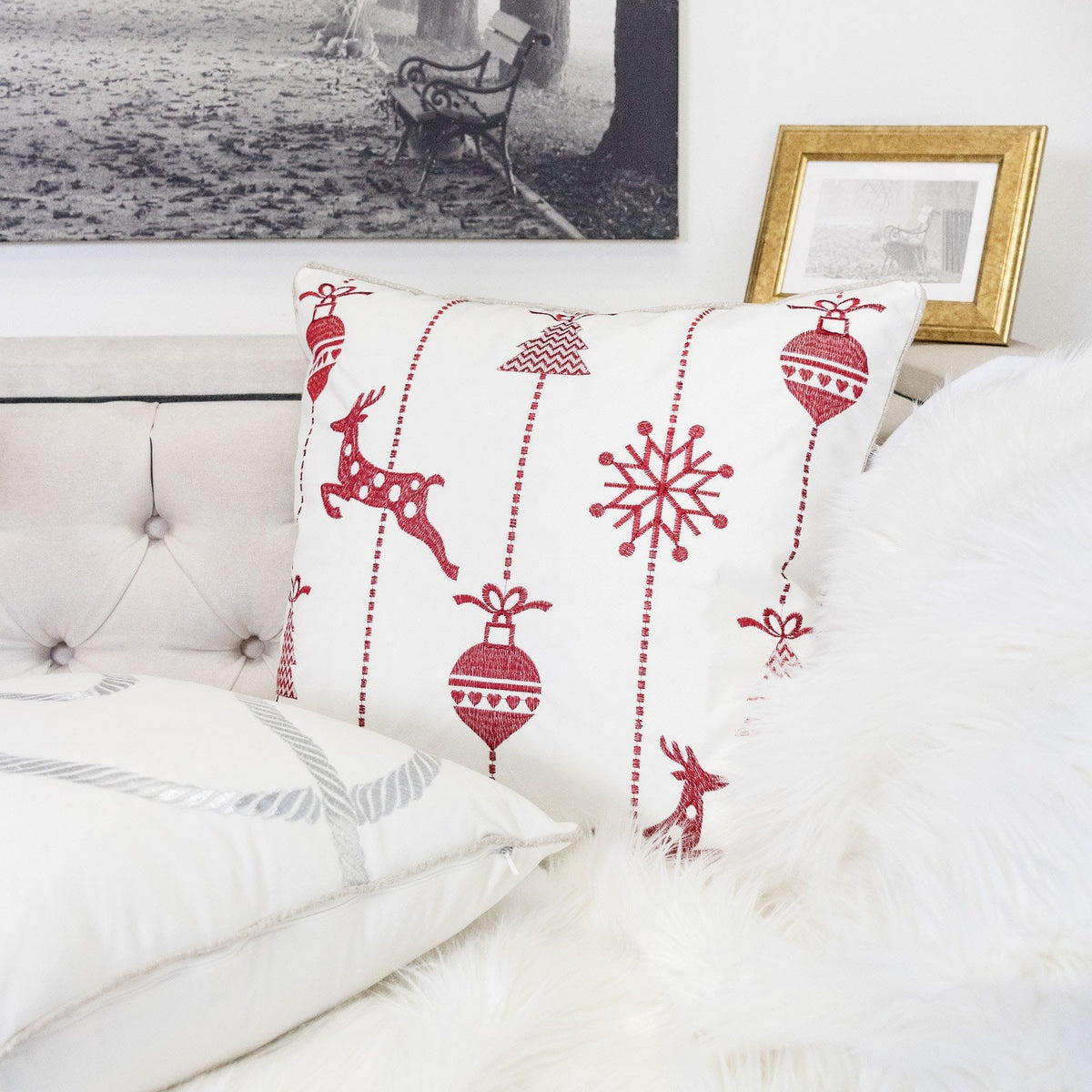 Christmas Throw Pillow with Embroidered Reindeer and Snowflakes - White