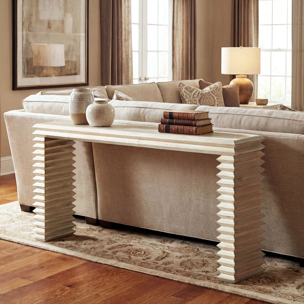 Geometric Waterfall Console Table with Solid Wood Construction - White or Light Brown
