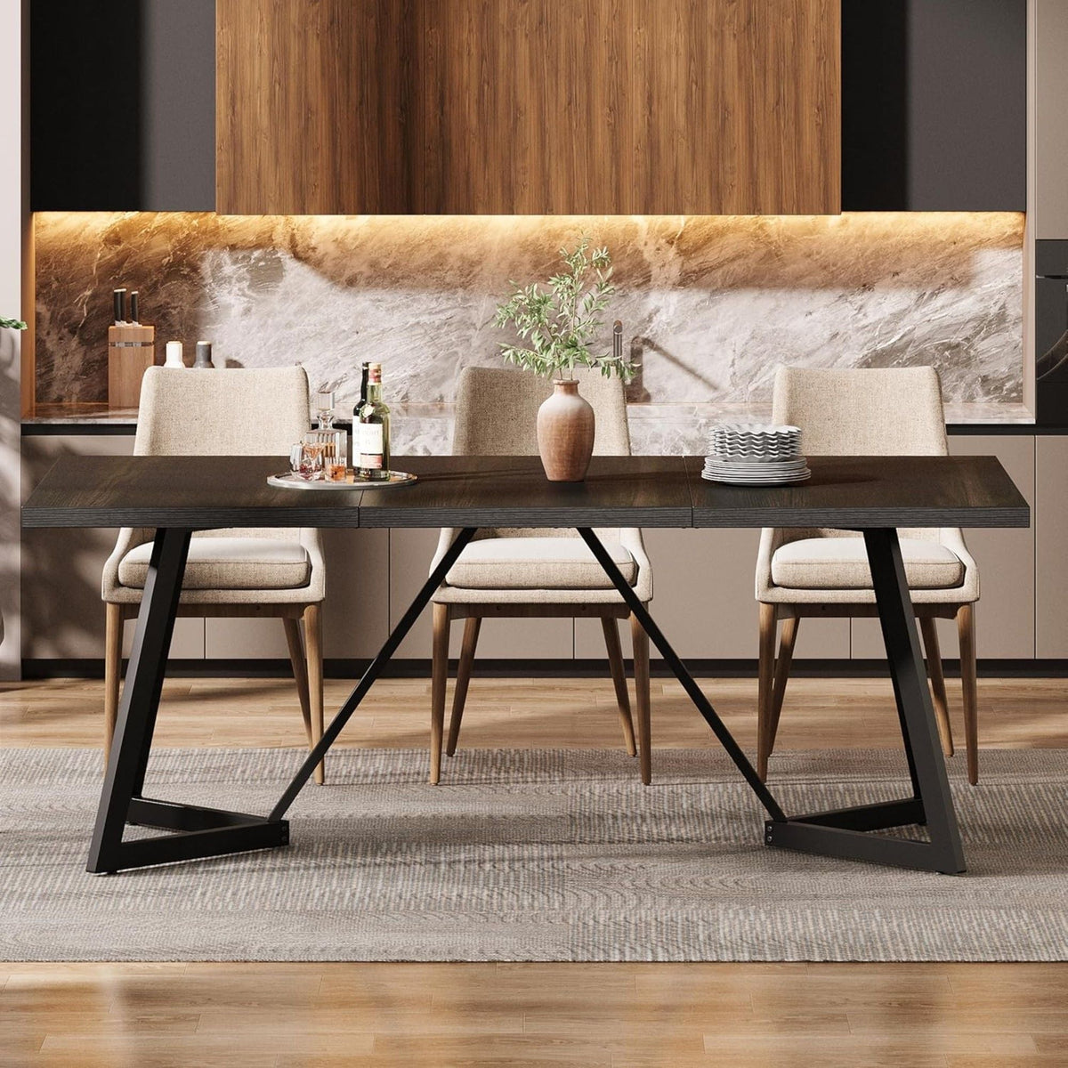 Rectangular Dining Table for 6-8 People with Durable Steel Frame - Black