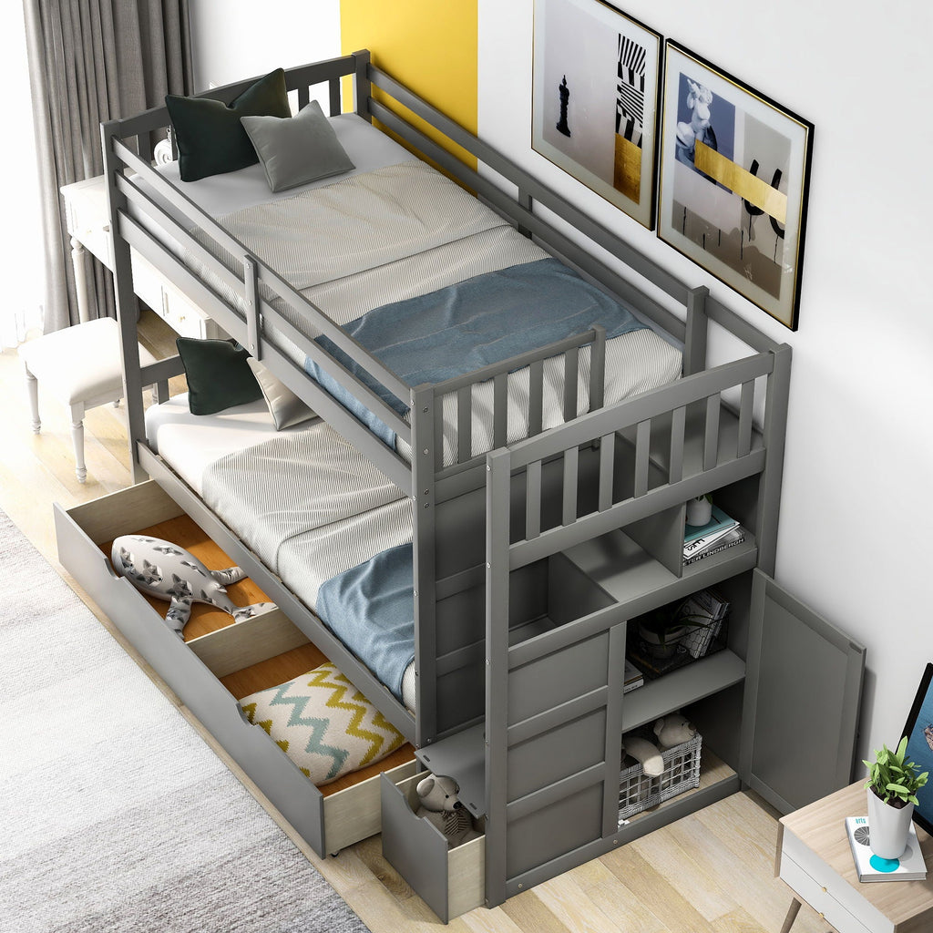 Convertible Twin Over Full Bunk Bed with Storage Shelves and Drawers - White or Dark Gray
