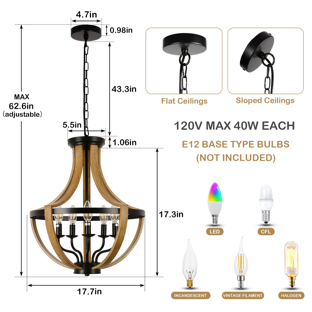 5-Light Modern Chandelier with Geometric Wooden Frame - Brown