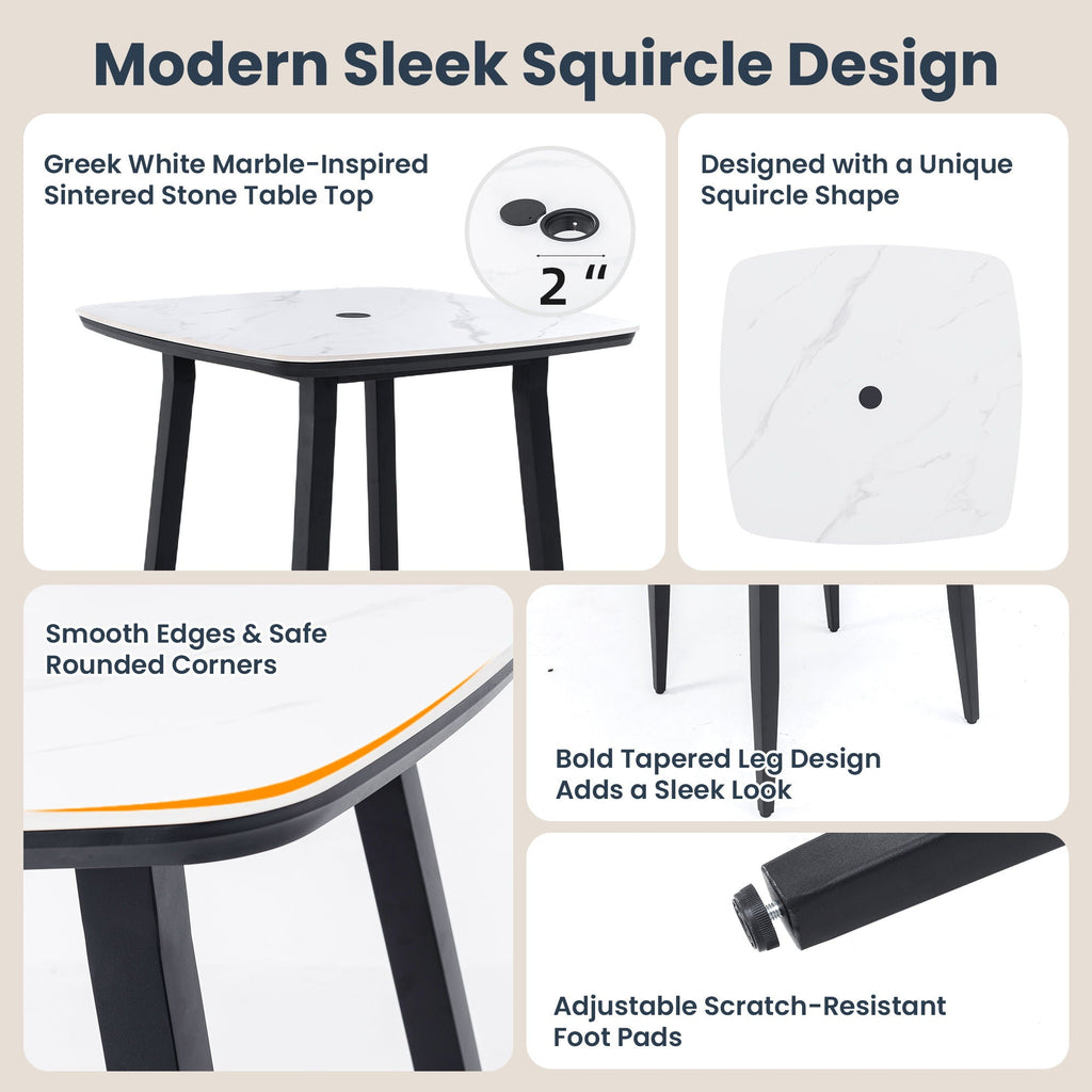 Beige 5-Piece Outdoor Patio Bar Set with Sintered Stone Table - Rounded Square Table & 4 Bar Stools