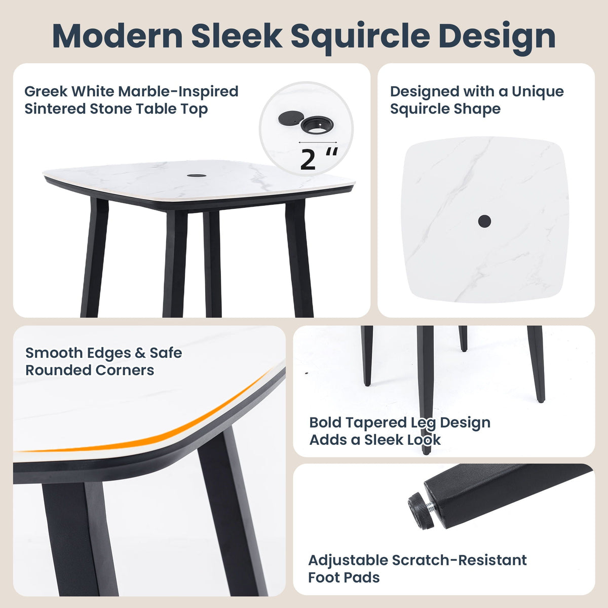 Beige 5-Piece Outdoor Patio Bar Set with Sintered Stone Table - Rounded Square Table & 4 Bar Stools