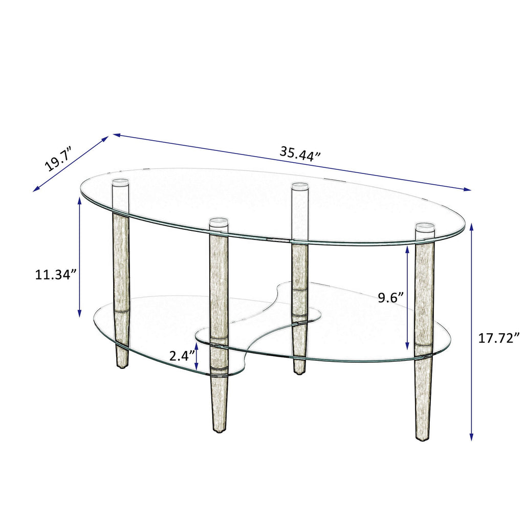 Transparent Oval Glass Coffee Table with 3-Layer Tempered Glass - White or Light Brown