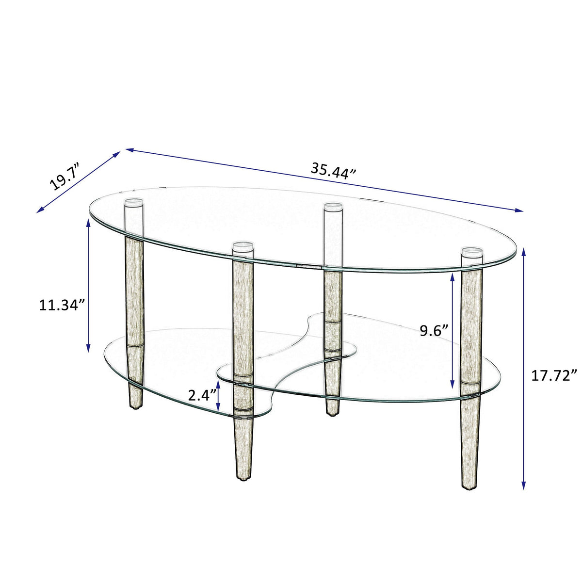 Transparent Oval Glass Coffee Table with 3-Layer Tempered Glass - White or Light Brown