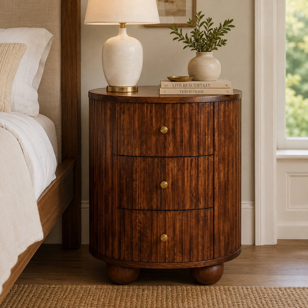 Solid Wood Curved Fluted Nightstand with Three Drawers - Chestnut