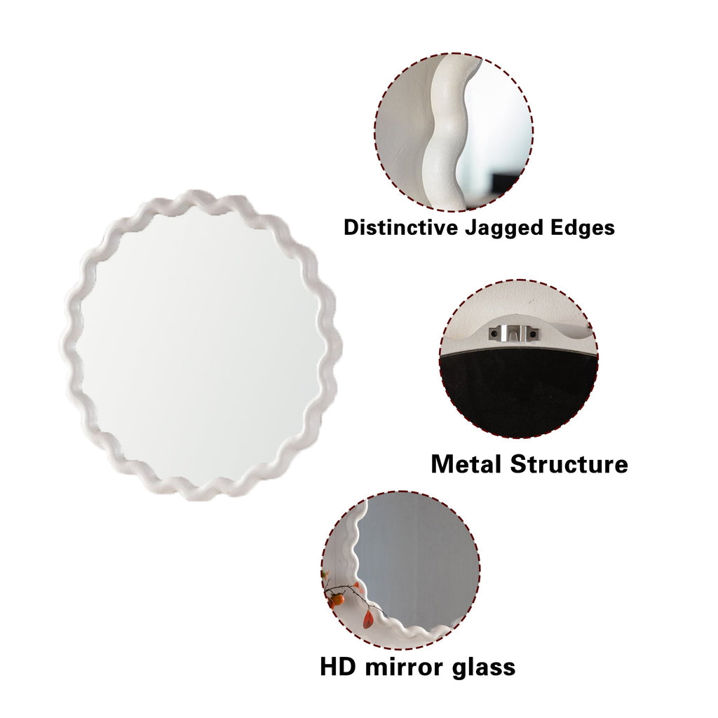 White Scalloped Round Wall Mirror with Decorative Wavy Frame - White