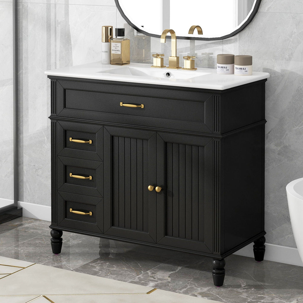 Bathroom Vanity With Sink and Drawers - Freestanding Solid Wood Cabinet
