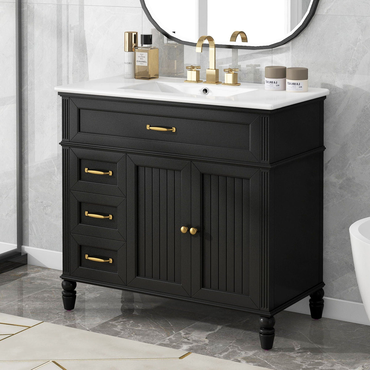 Bathroom Vanity With Sink and Drawers - Freestanding Solid Wood Cabinet