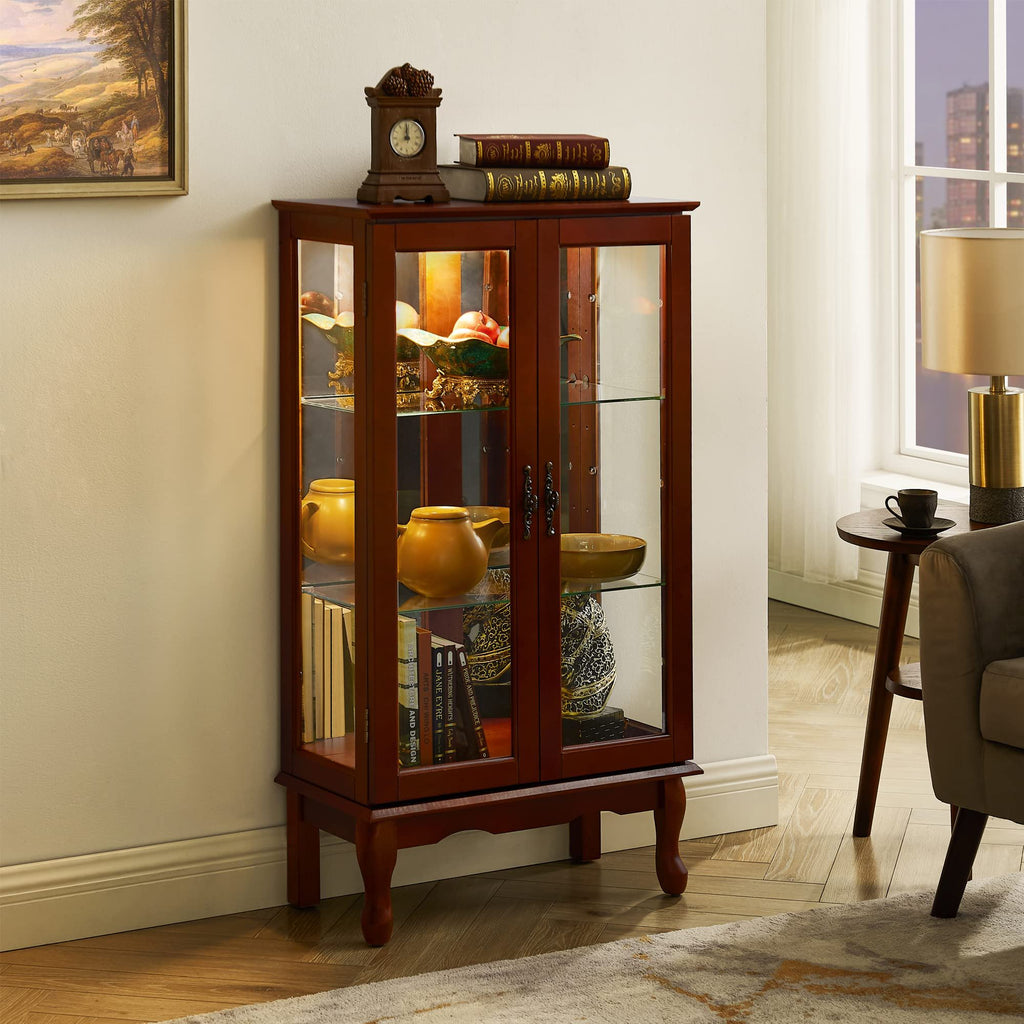 Lighted Curio Display Cabinet with Adjustable Shelves - Light Brown, Dark Brown, Dark Red