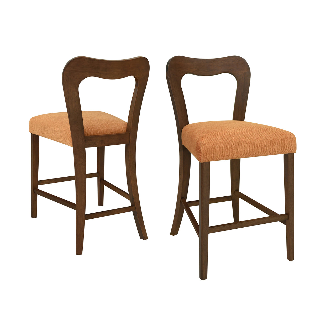 Walnut and Caramel Counter Stool Set of 2 with Ergonomic Backrest - Solid Rubberwood