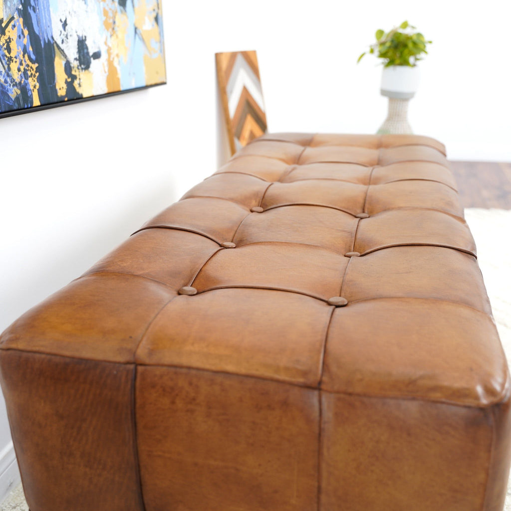 Tan Upholstered Bench with Solid Wood Frame - Genuine Leather