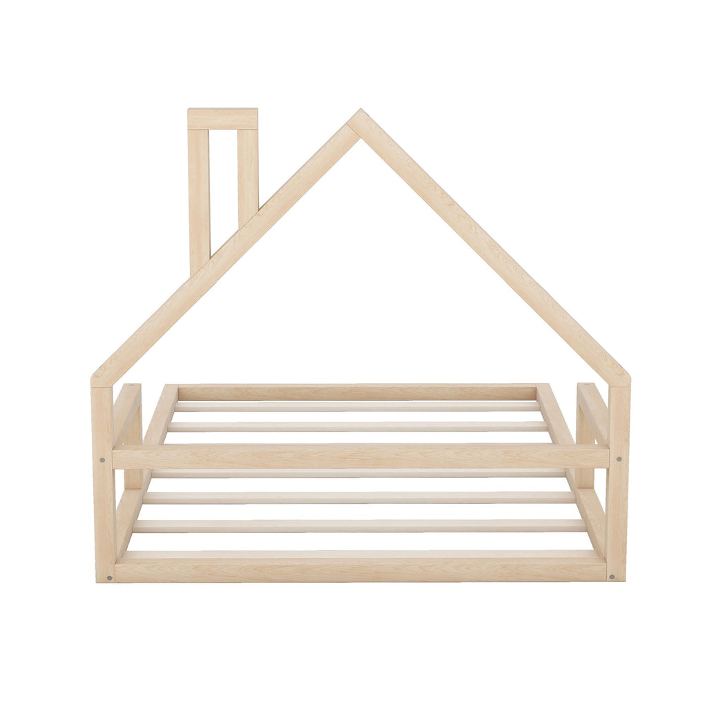 Elegant Floor Bed With House Shaped Headboard - Full Size Solid Wood