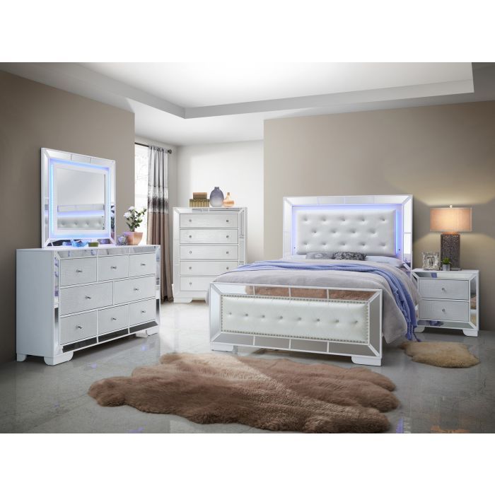 Modern Contemporary Panel Bed with Diamond Tufted Headboard - White