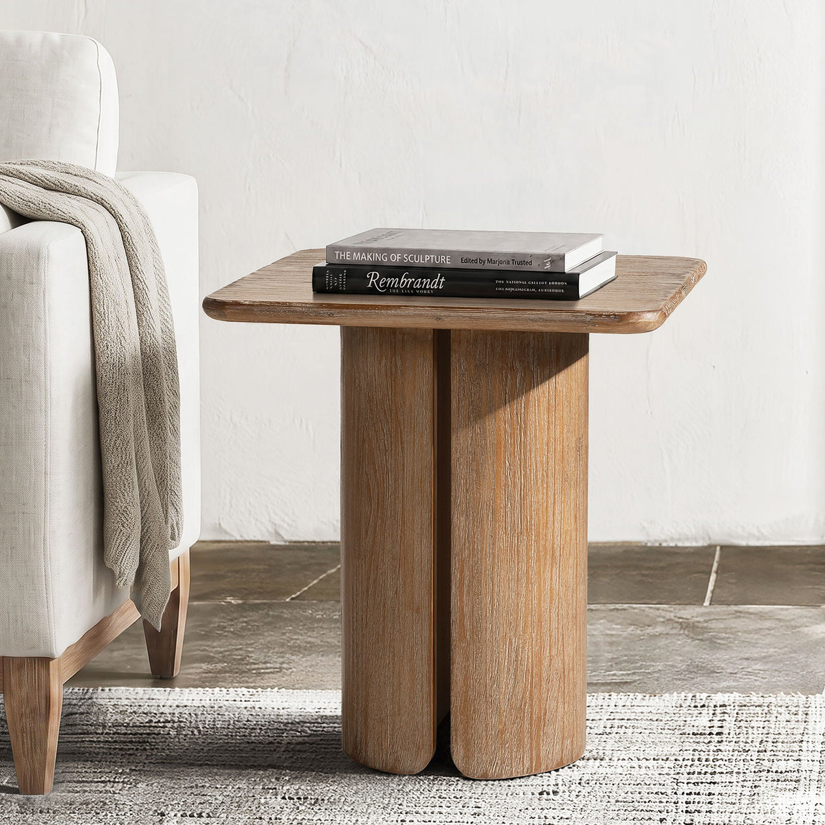 Antique Brown Square Pedestal Side Table with Sculptural Pedestal Base