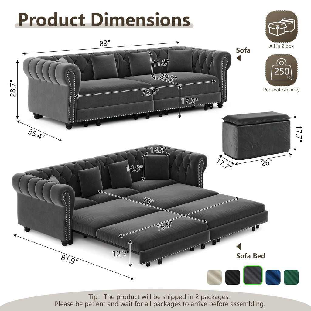 Chesterfield 3-in-1 Convertible Velvet Sofa Bed with Pull-Out Sleeper - Grey