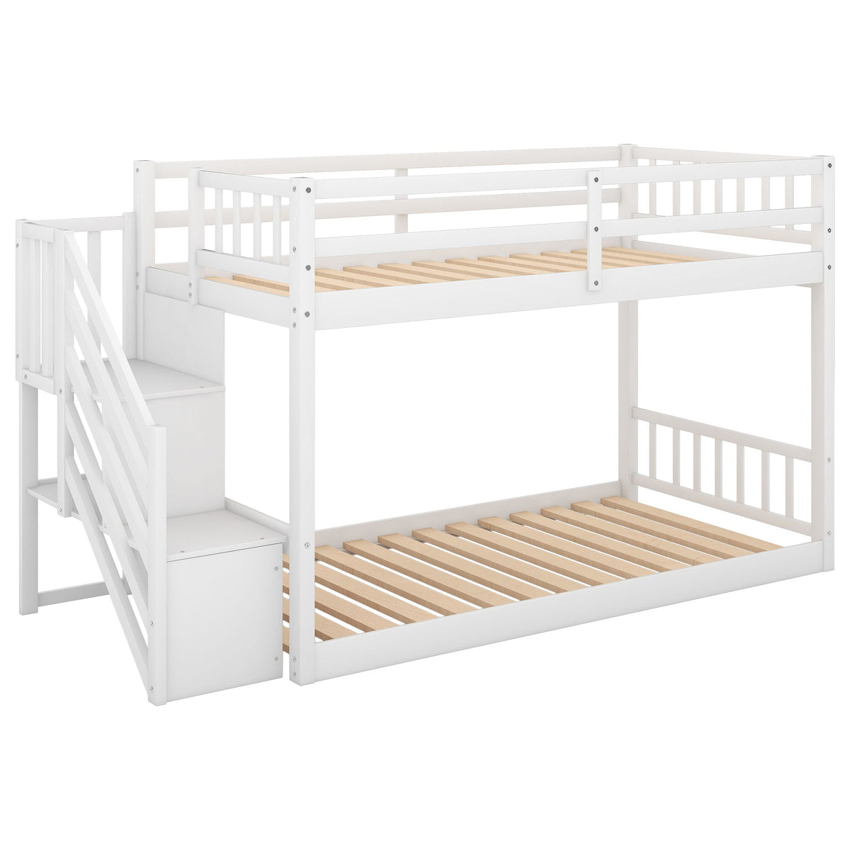 Twin Over Twin Floor Bunk Bed with Ladder Storage - White or Dark Gray