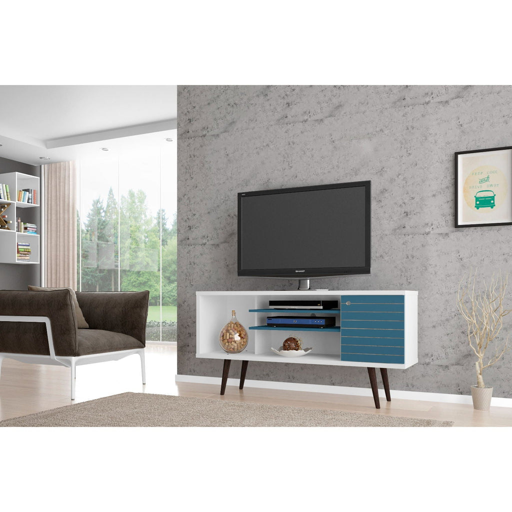 Smart Storage TV Stand with Solid Wood Legs - Multiple Colors