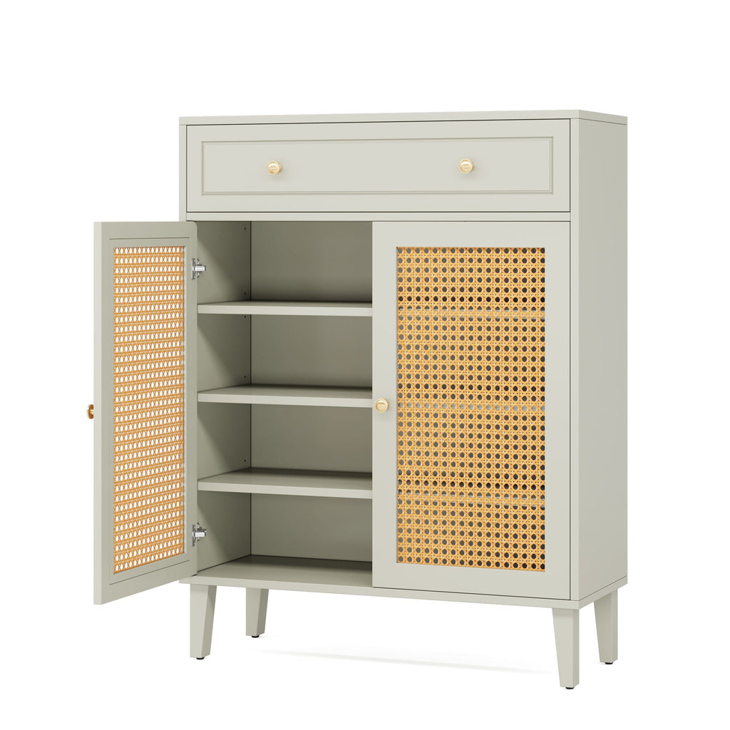 Mint Green Shoe Cabinet With Rattan Doors and Drawer - 4 Tier Storage Organizer
