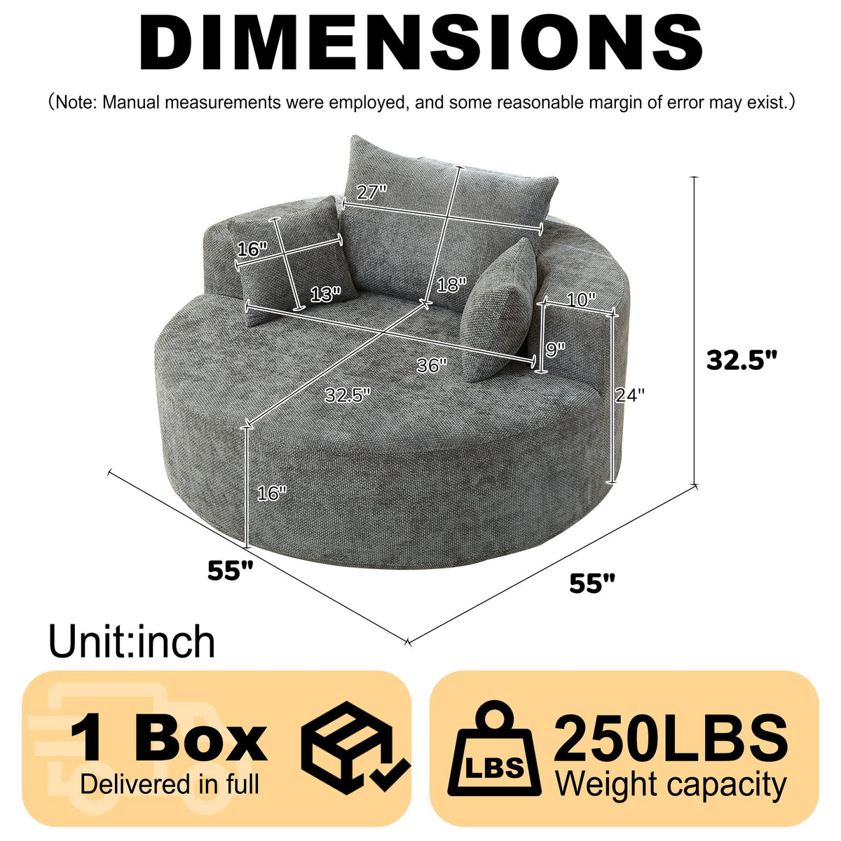 Gray Sleeper Chair Arm Chair with Pillow Support - Chenille Fabric