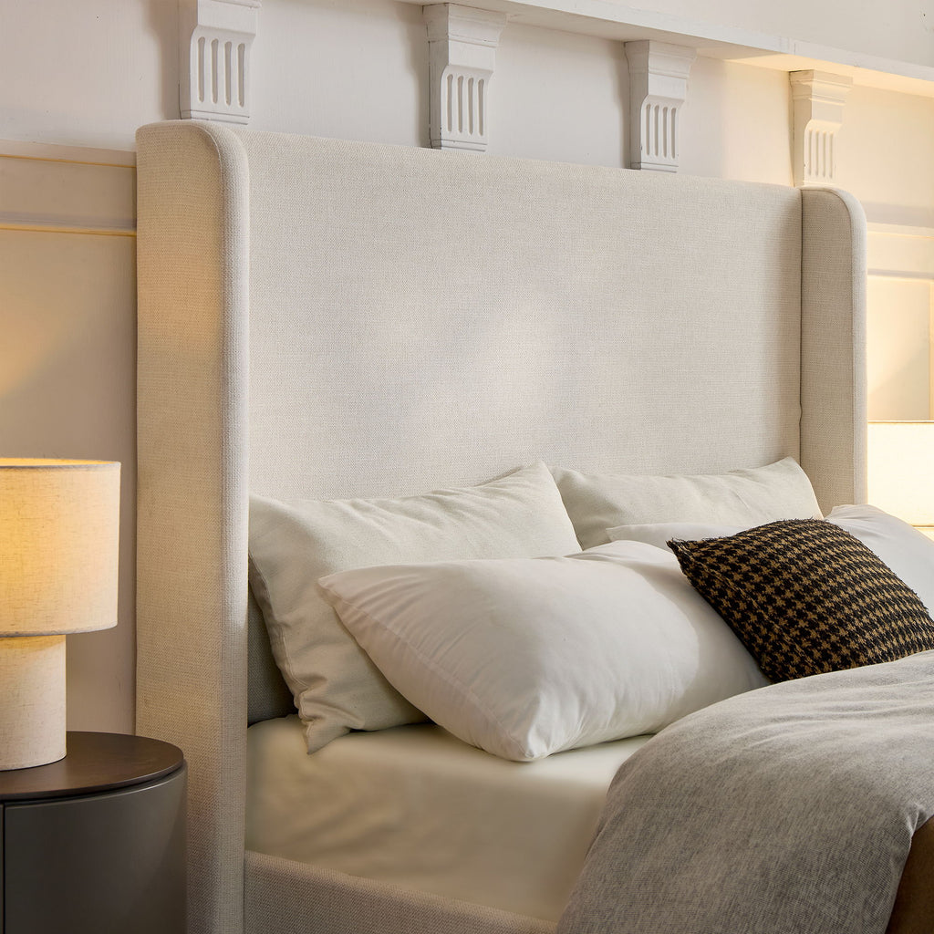 Minimalist Upholstered Wingback Bed Frame with High Headboard - Beige