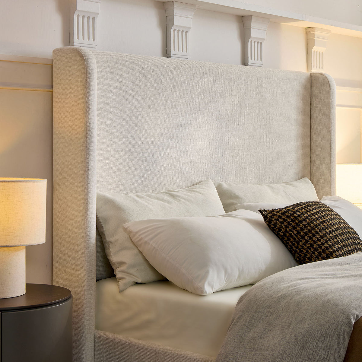 Minimalist Upholstered Wingback Bed Frame with High Headboard - Beige