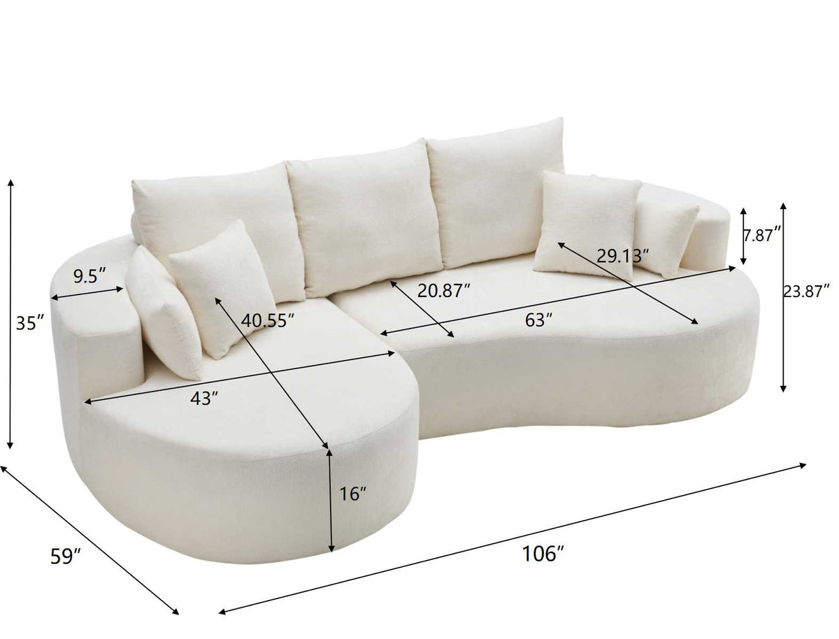 Fabric Cloud Curved Sectional Sofa with Chaise - Snow White