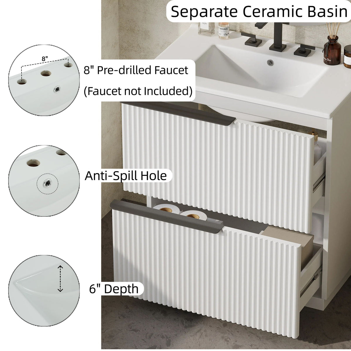Fluted Bathroom Vanity with Ceramic Sink and Moisture-Proof Cabinet - 30" Wide