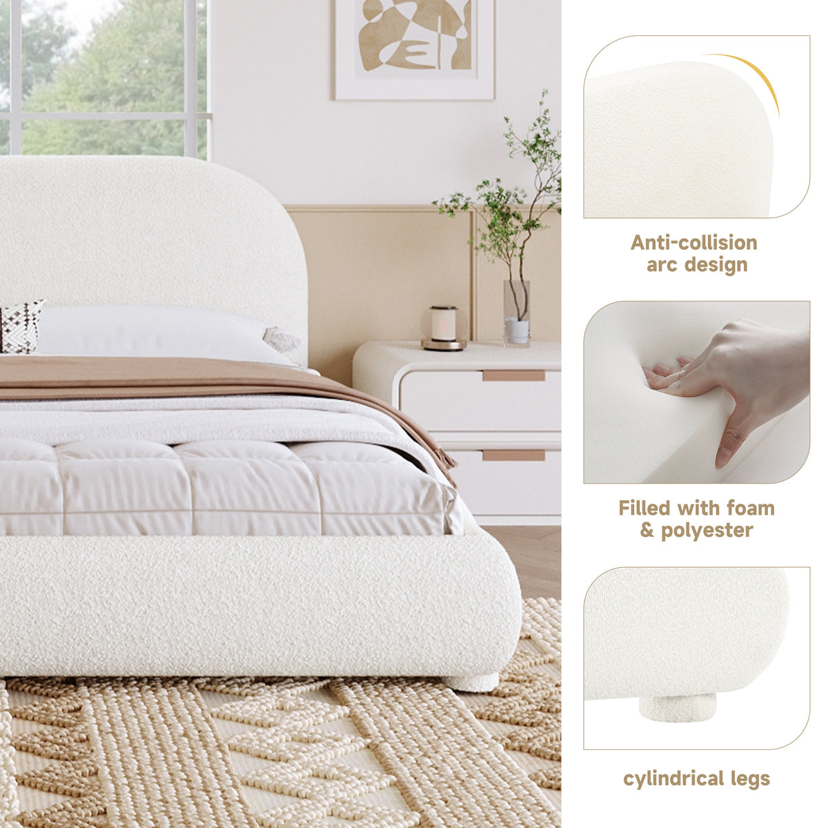 Cream Style Fabric Upholstered King Bed with Curved Headboard - Cream
