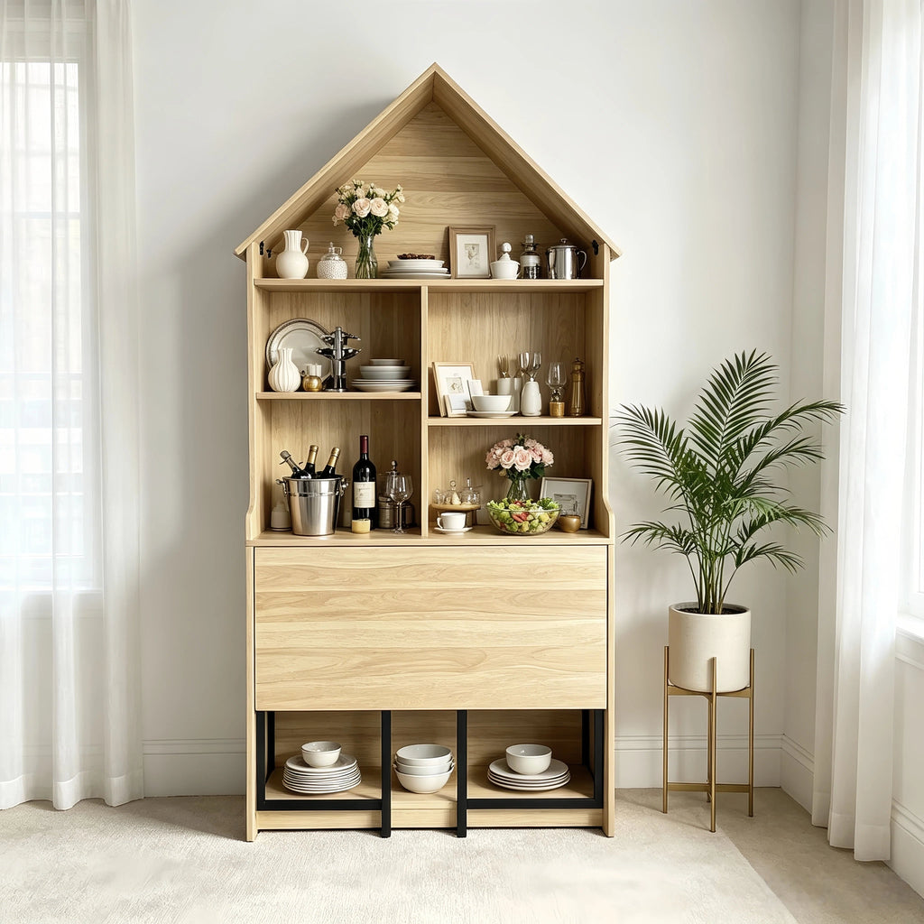Folding Craft Desk with Storage Shelves - Natural Wood